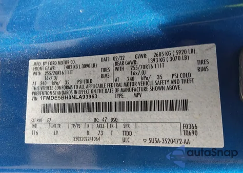 2022 Ford Bronco z USA, uszkodzony, nr VIN 1FMDE5BH0NLA93963